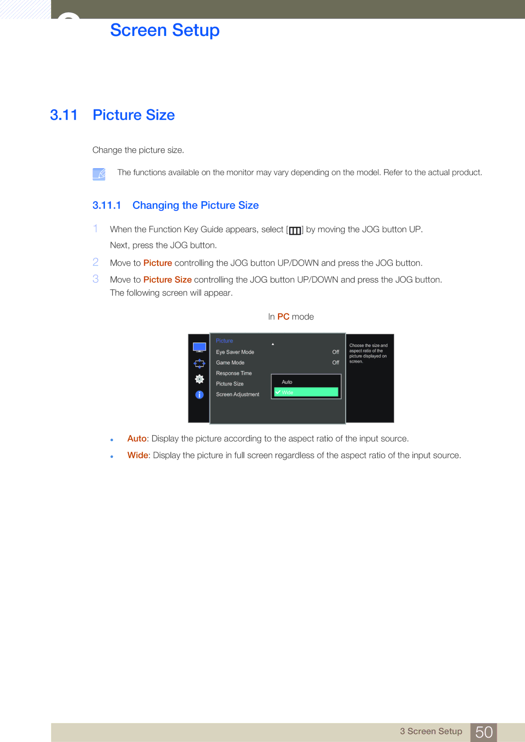 Samsung LS27E591CS/CI, LS27E591CS/EN, LS27E591CS/XV manual Changing the Picture Size 