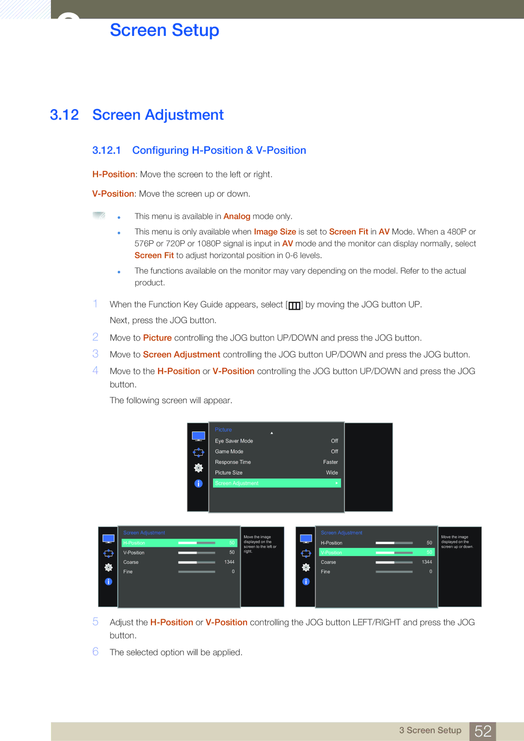 Samsung LS27E591CS/XV, LS27E591CS/EN, LS27E591CS/CI manual Screen Adjustment, Configuring H-Position & V-Position 