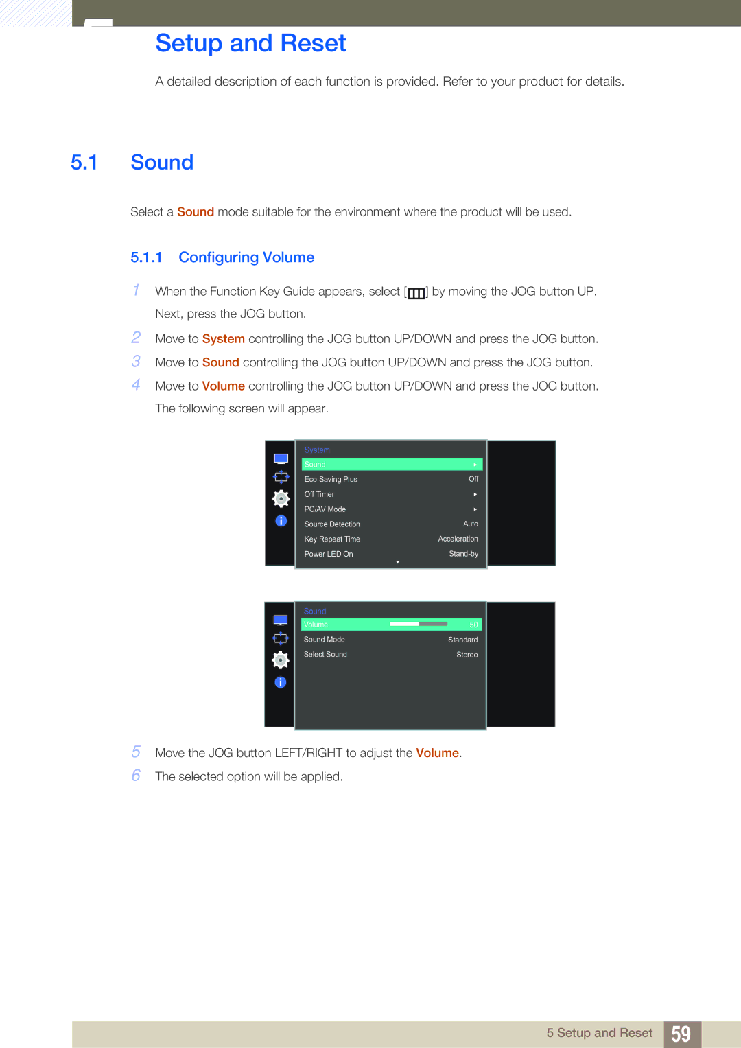 Samsung LS27E591CS/CI, LS27E591CS/EN, LS27E591CS/XV manual Setup and Reset, Sound, Configuring Volume 