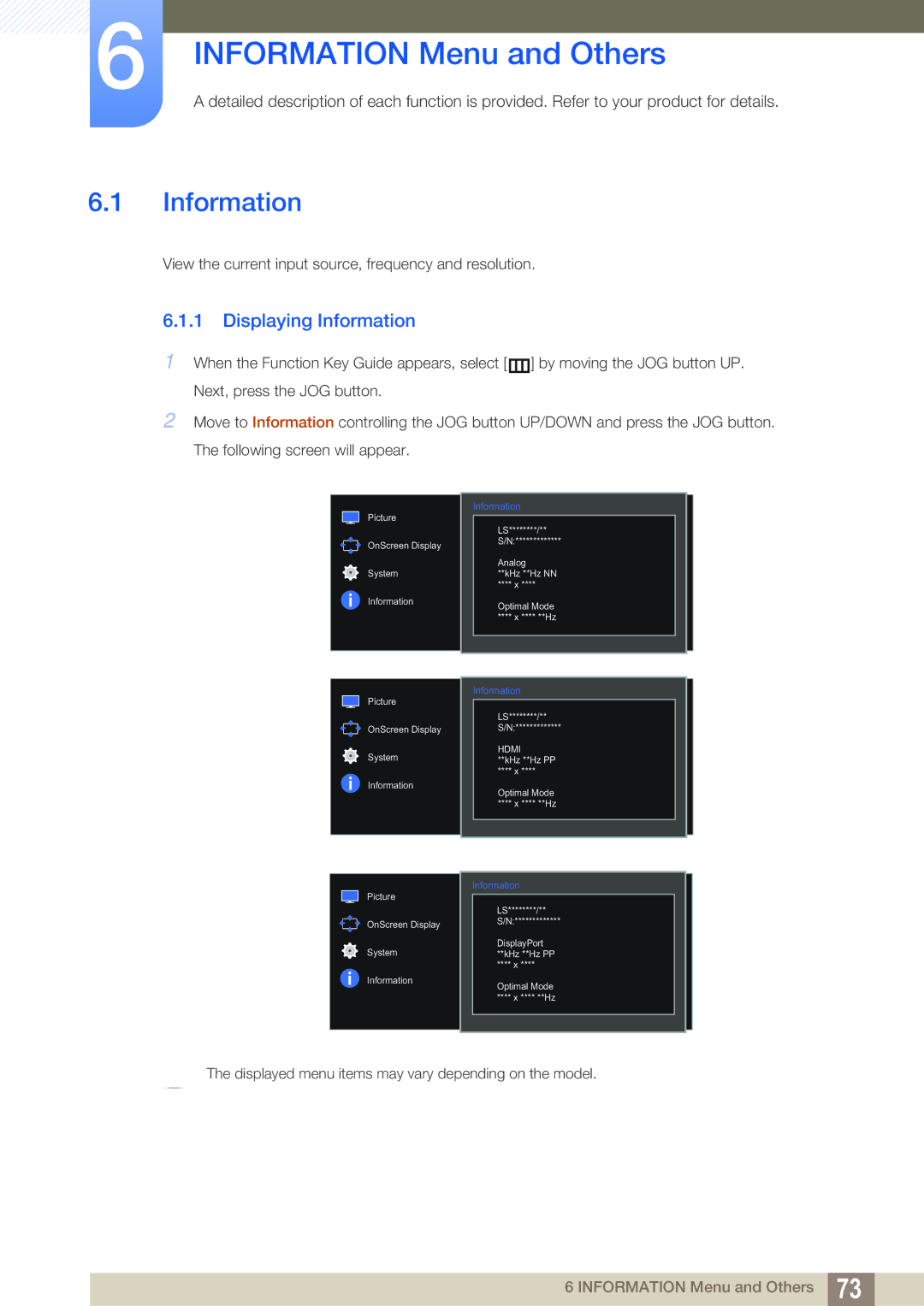 Samsung LS27E591CS/XV, LS27E591CS/EN, LS27E591CS/CI manual Information Menu and Others, Displaying Information 