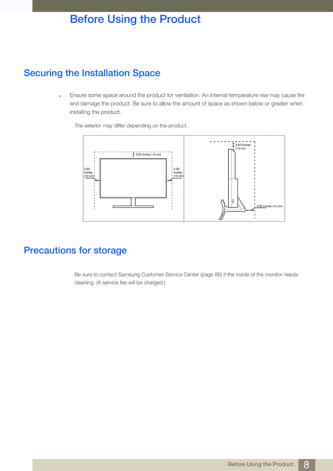 Samsung LS27E591CS/CI, LS27E591CS/EN, LS27E591CS/XV manual Securing the Installation Space, Precautions for storage 