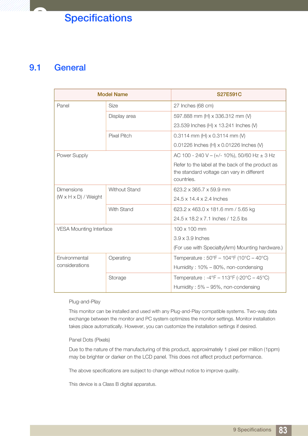 Samsung LS27E591CS/CI, LS27E591CS/EN, LS27E591CS/XV manual Specifications, General 