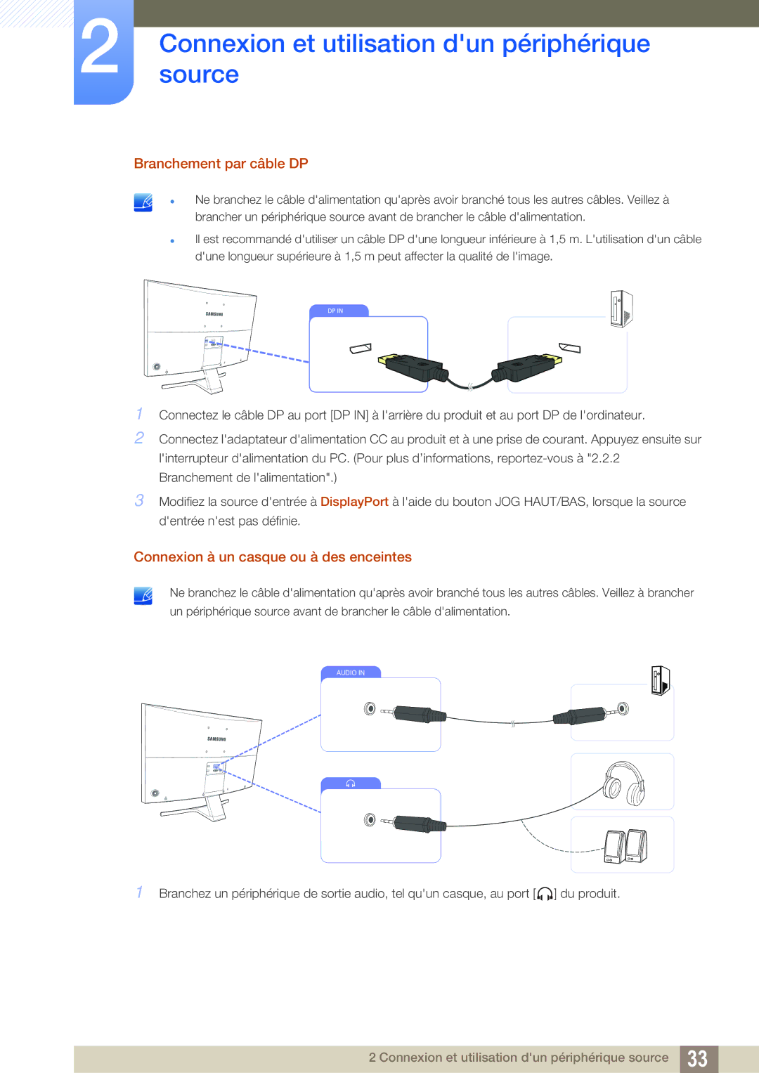 Samsung LS27E591CS/EN manual Branchement par câble DP, Connexion à un casque ou à des enceintes 