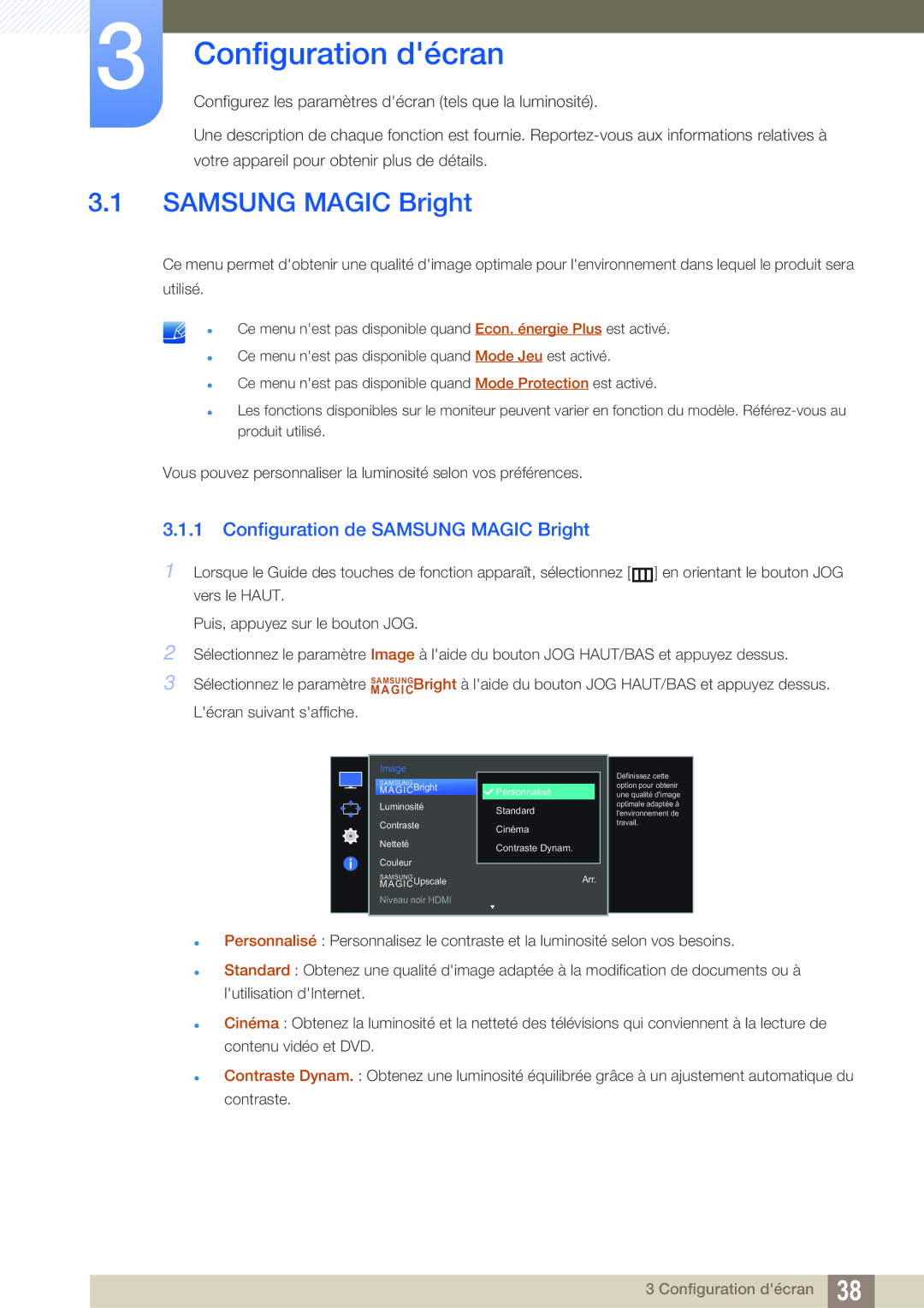 Samsung LS27E591CS/EN manual Configuration décran, Configuration de Samsung Magic Bright 