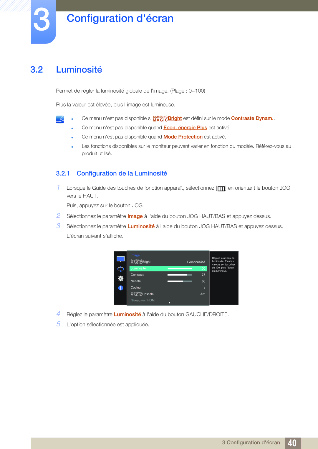 Samsung LS27E591CS/EN manual Configuration de la Luminosité 