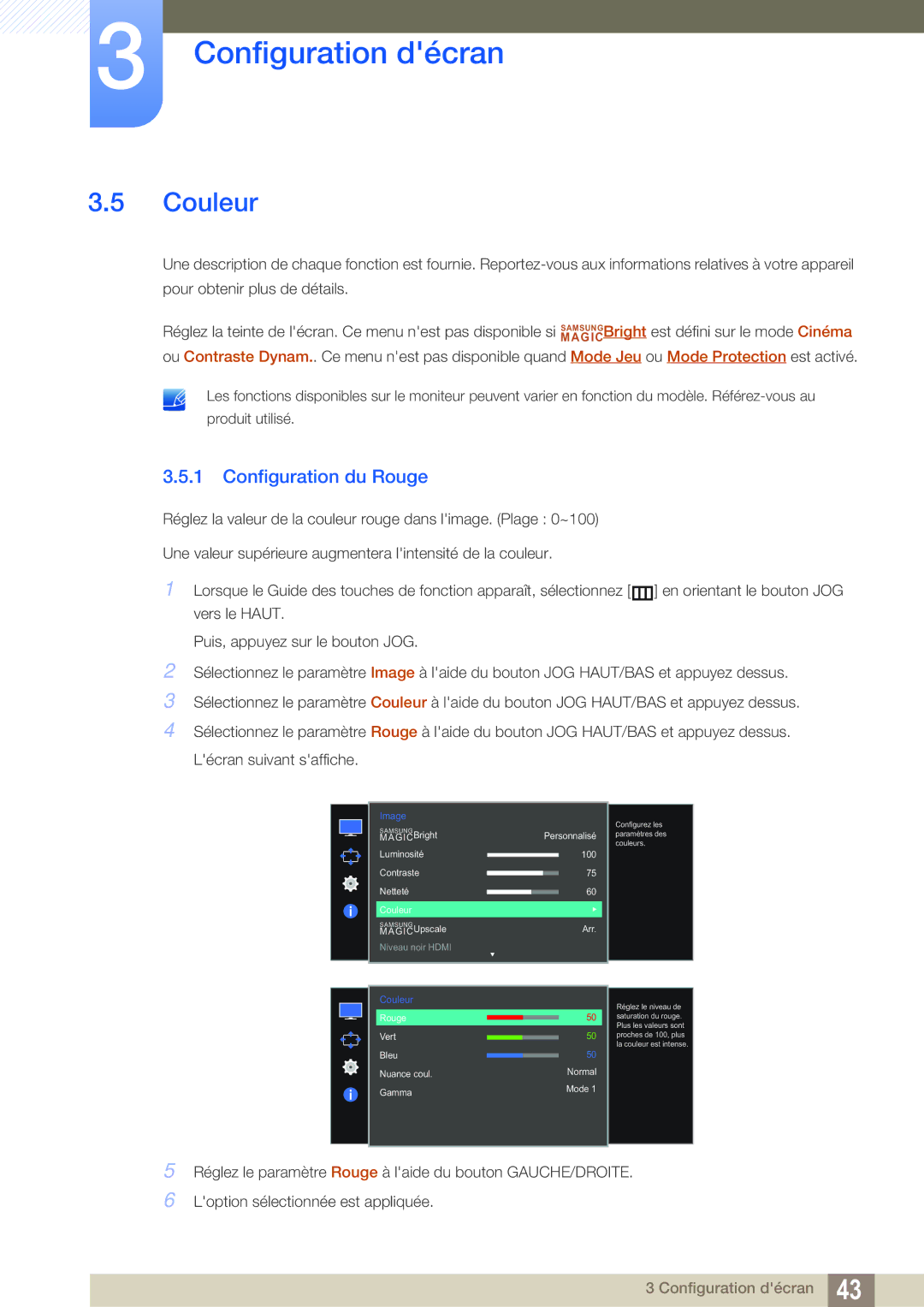 Samsung LS27E591CS/EN manual Couleur, Configuration du Rouge 