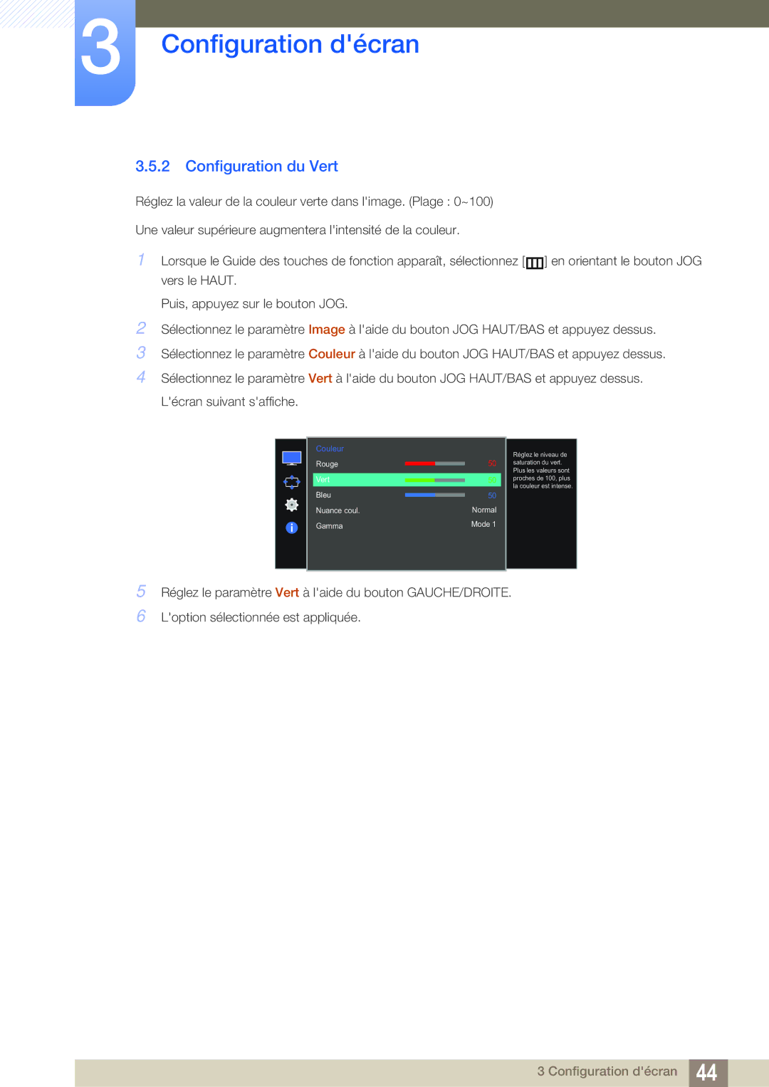 Samsung LS27E591CS/EN manual Configuration du Vert 