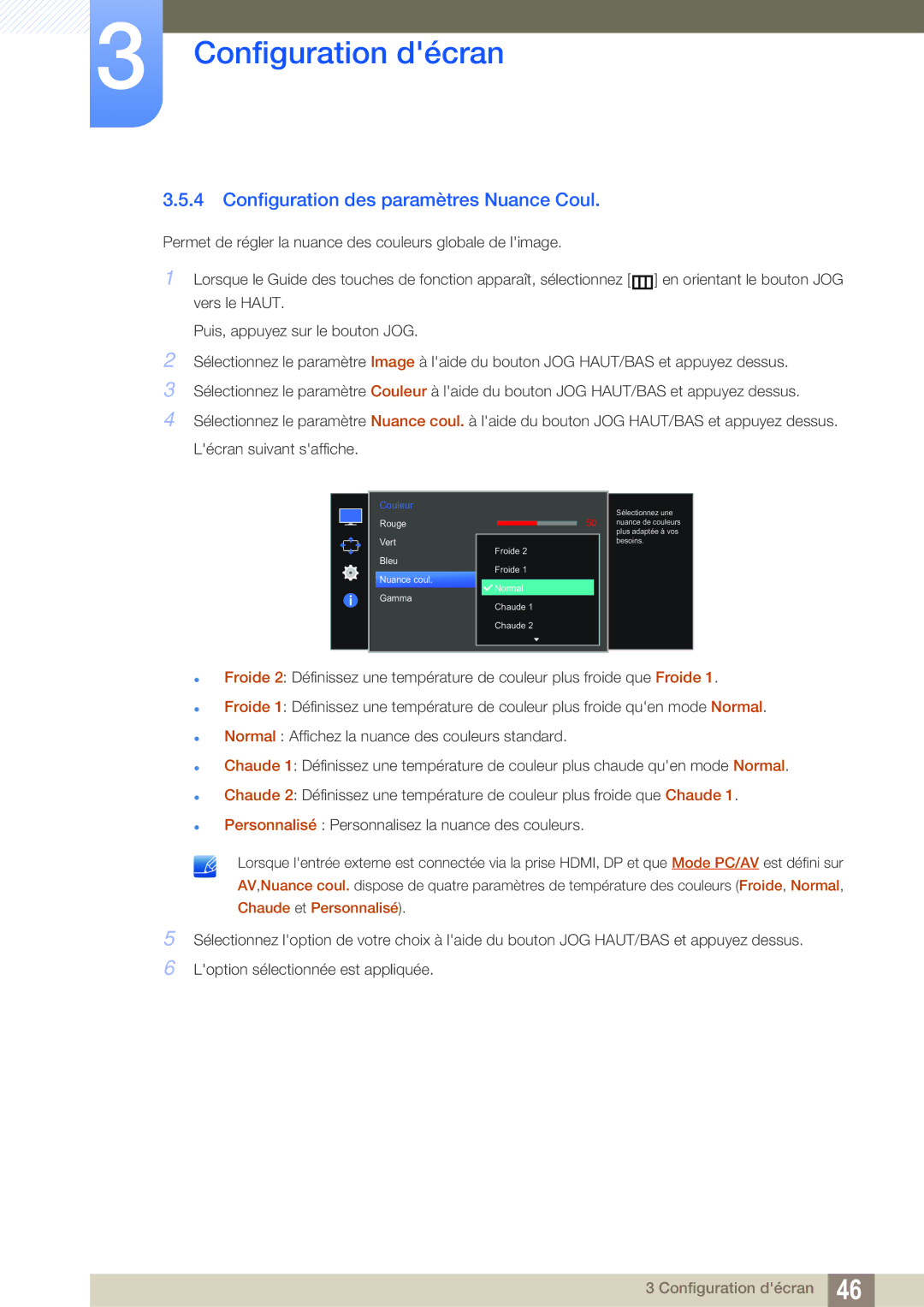 Samsung LS27E591CS/EN manual Configuration des paramètres Nuance Coul 