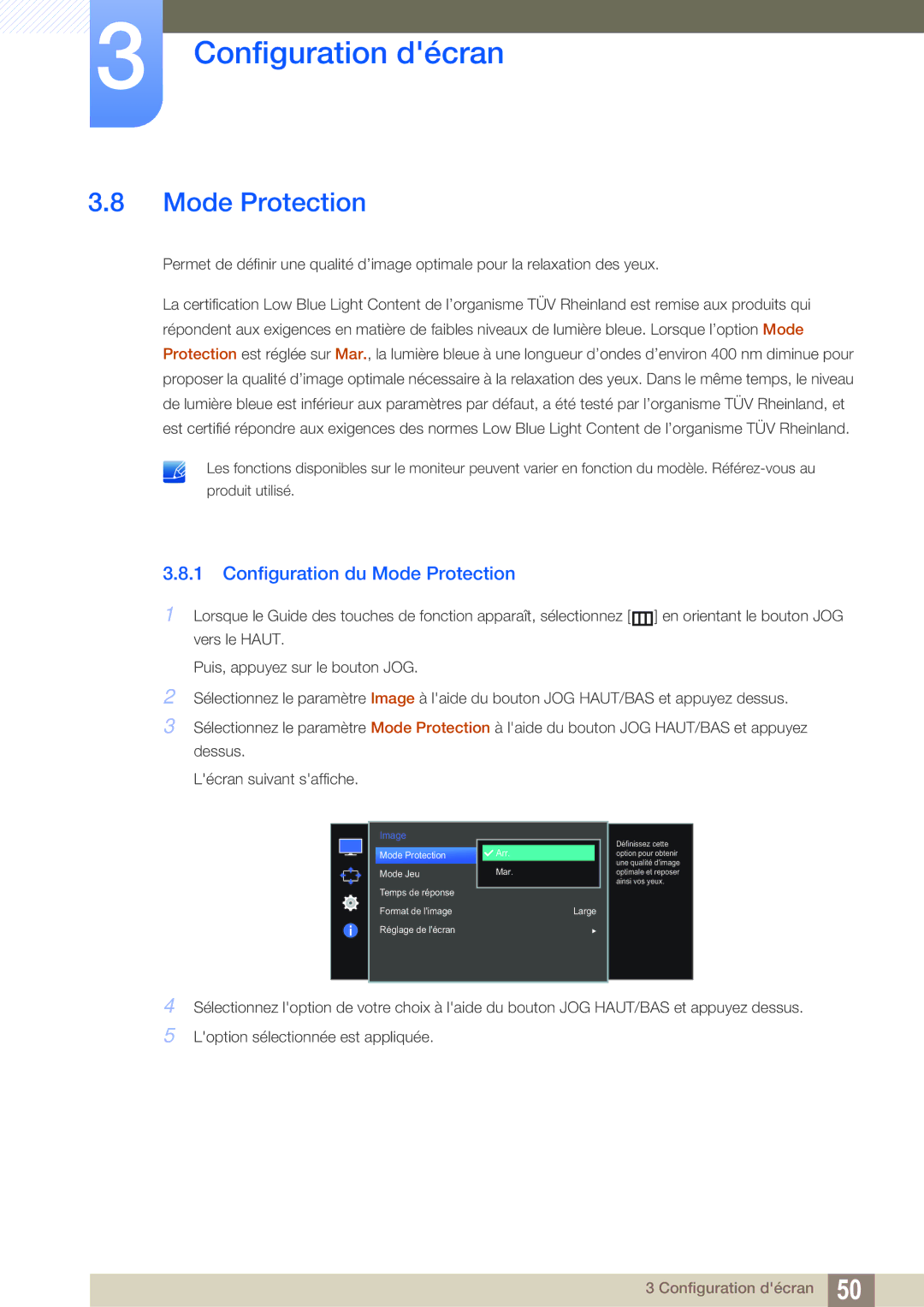 Samsung LS27E591CS/EN manual Configuration du Mode Protection 