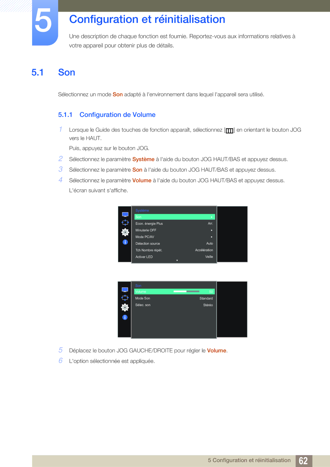 Samsung LS27E591CS/EN manual Configuration et réinitialisation, Son, Configuration de Volume 