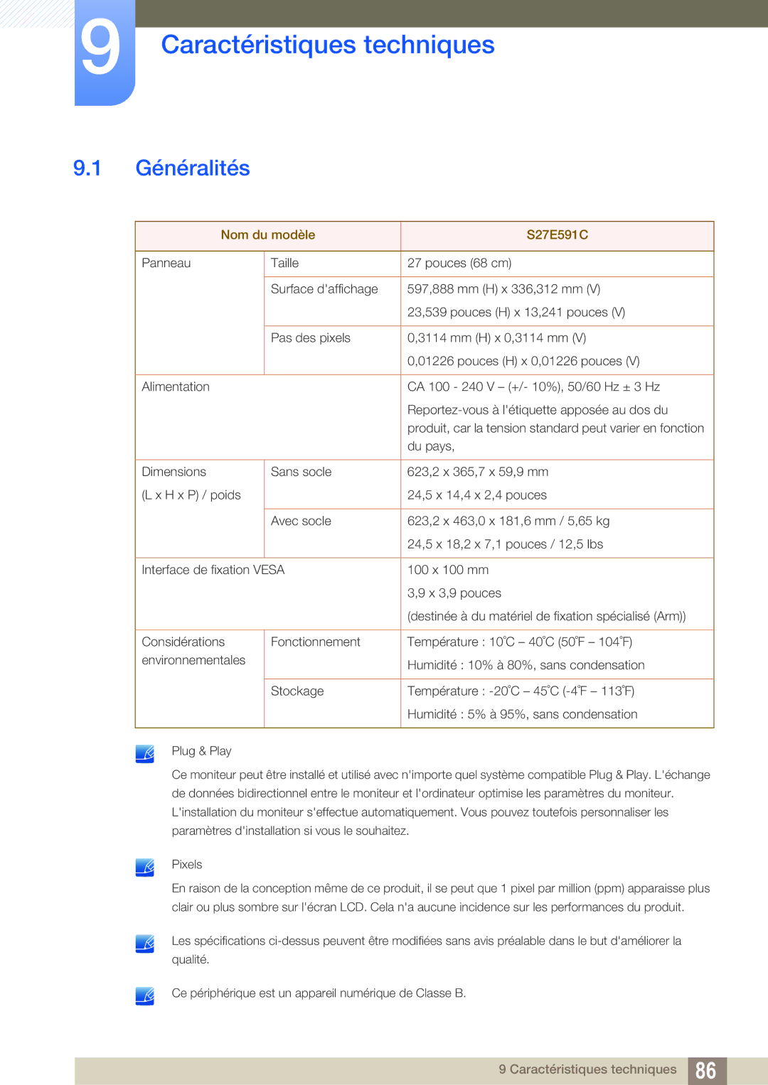 Samsung LS27E591CS/EN manual Caractéristiques techniques, Généralités 