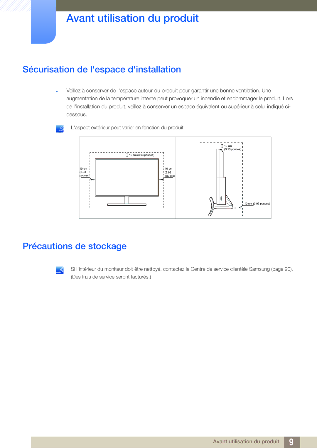 Samsung LS27E591CS/EN manual Sécurisation de lespace dinstallation, Précautions de stockage 