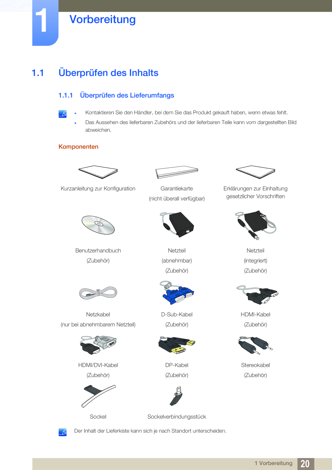 Samsung LS27E591CS/EN manual Vorbereitung, Überprüfen des Inhalts, 1 Überprüfen des Lieferumfangs, Komponenten 