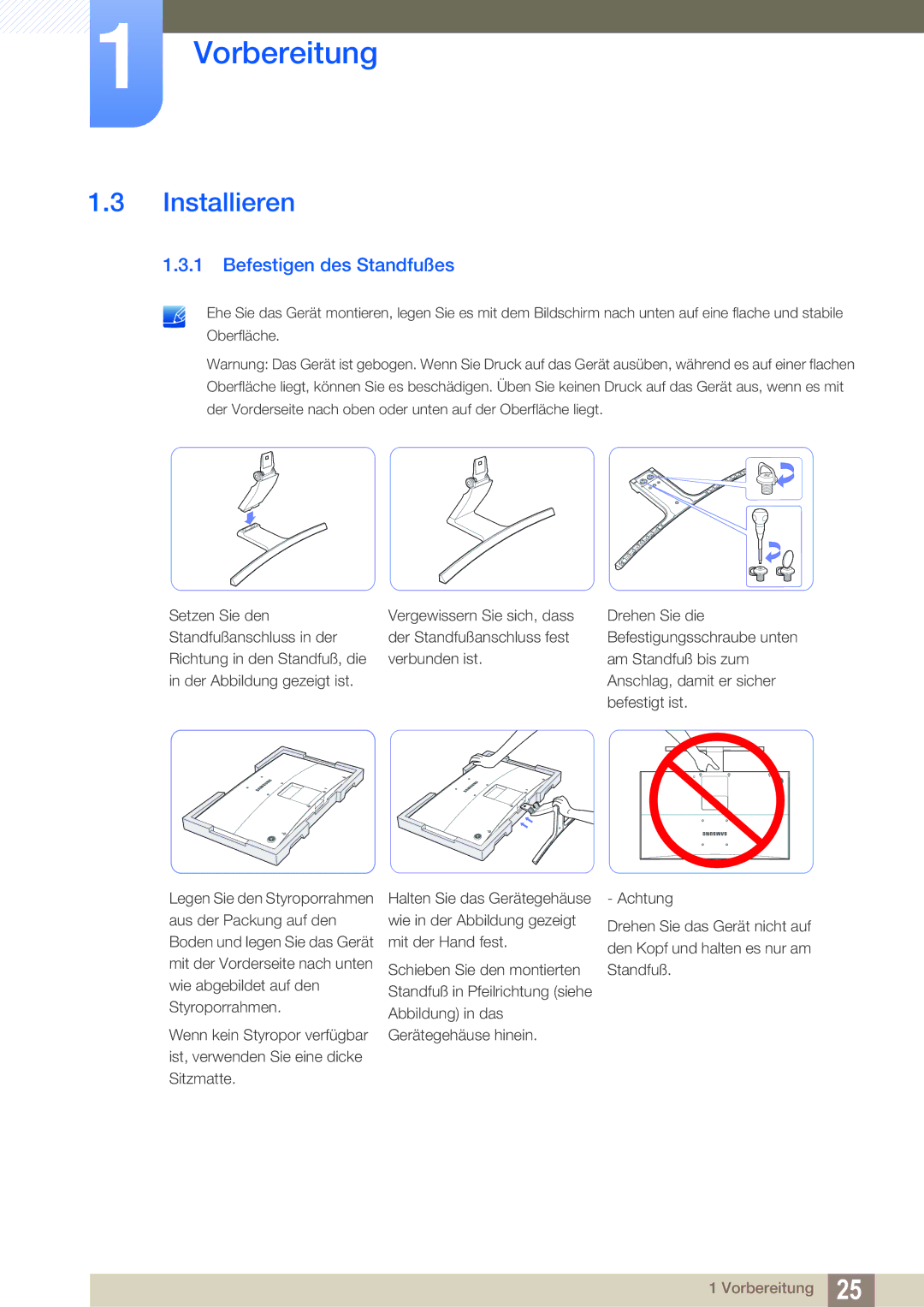 Samsung LS27E591CS/EN manual Installieren, Befestigen des Standfußes 