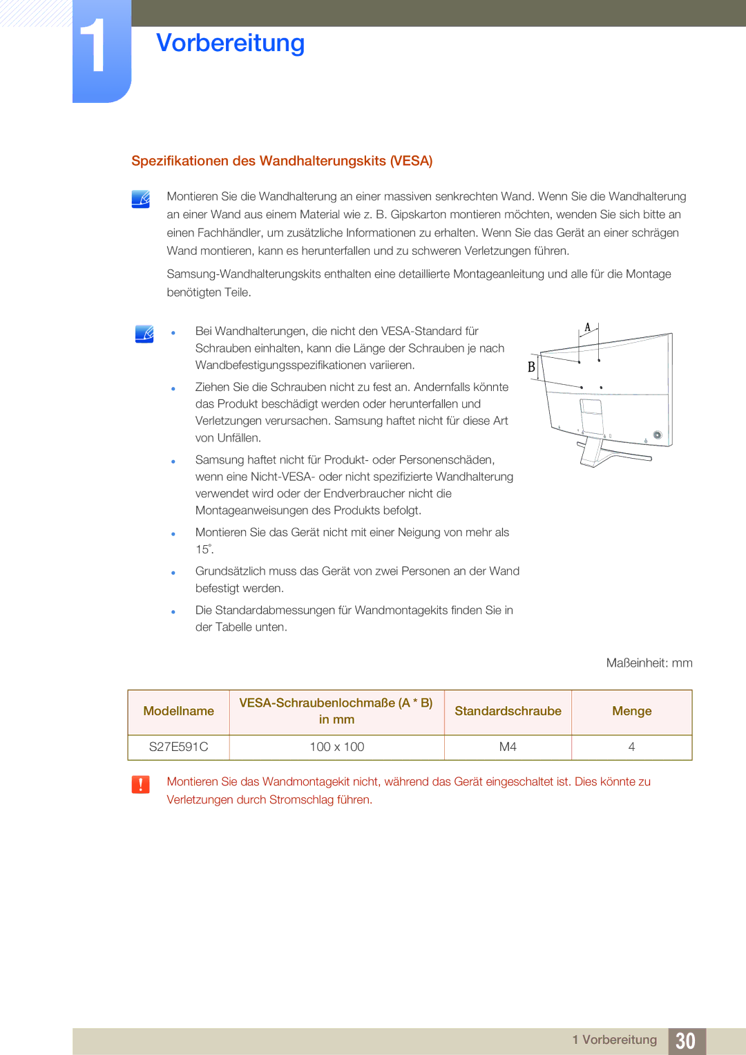 Samsung LS27E591CS/EN manual Spezifikationen des Wandhalterungskits Vesa 