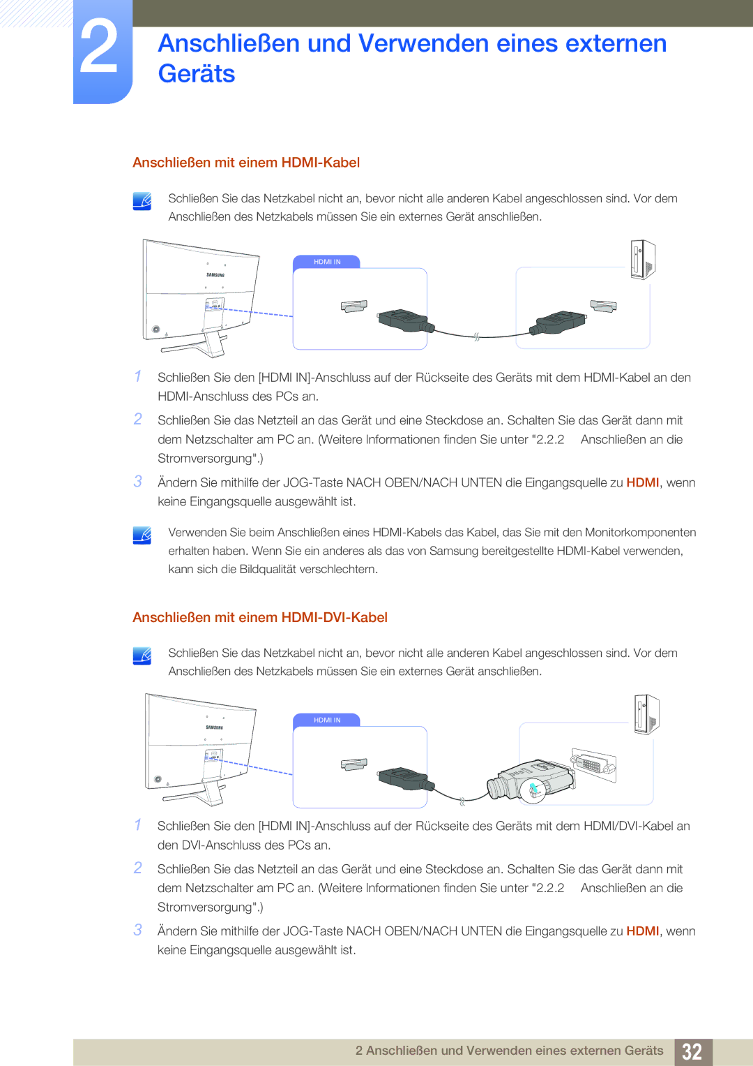 Samsung LS27E591CS/EN manual Anschließen mit einem HDMI-Kabel, Anschließen mit einem HDMI-DVI-Kabel 