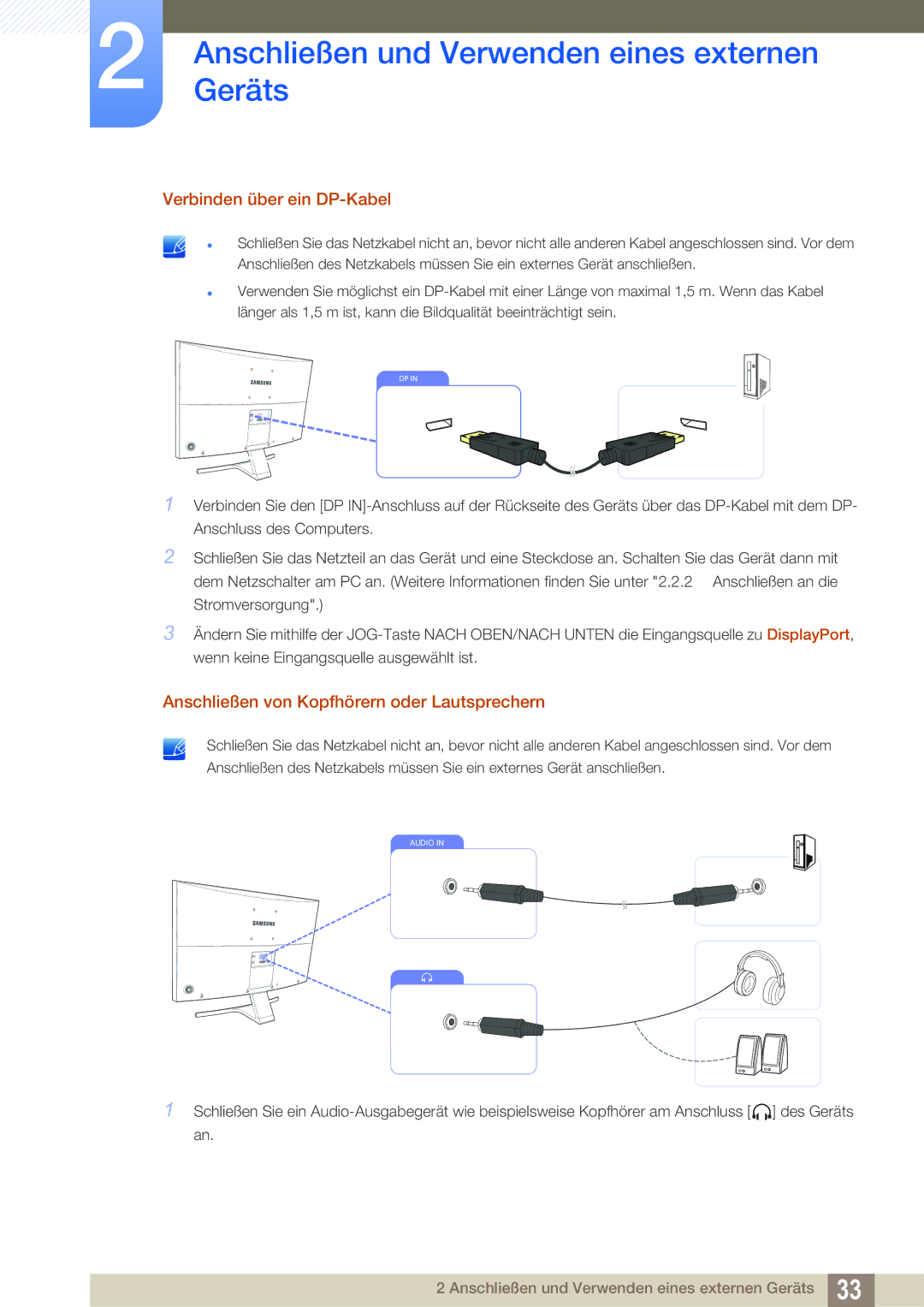 Samsung LS27E591CS/EN manual Verbinden über ein DP-Kabel, Anschließen von Kopfhörern oder Lautsprechern 