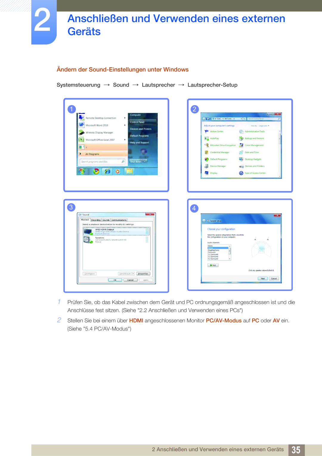 Samsung LS27E591CS/EN manual Ändern der Sound-Einstellungen unter Windows 