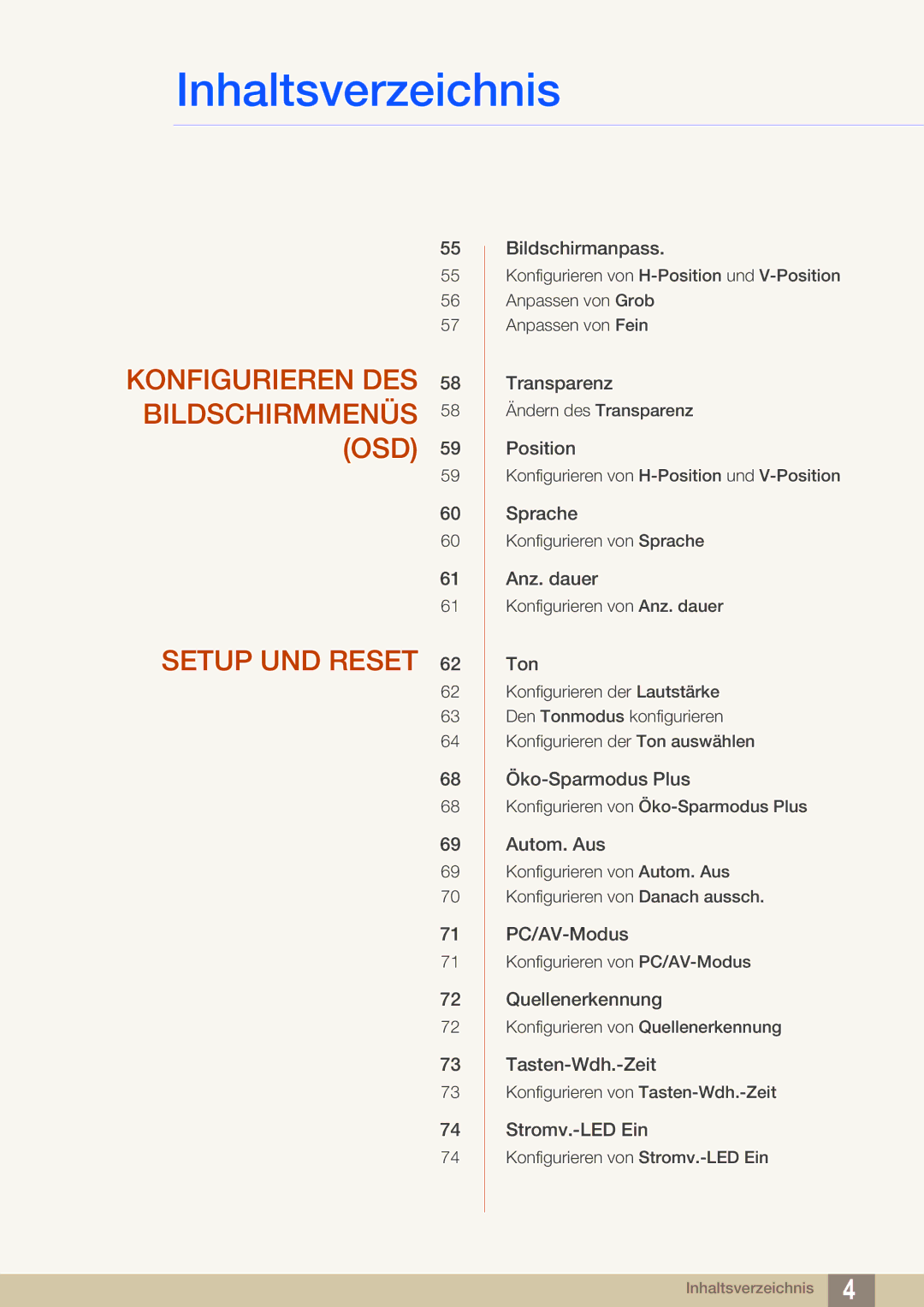 Samsung LS27E591CS/EN manual Konfigurieren DES Bildschirmmenüs OSD Setup UND Reset 