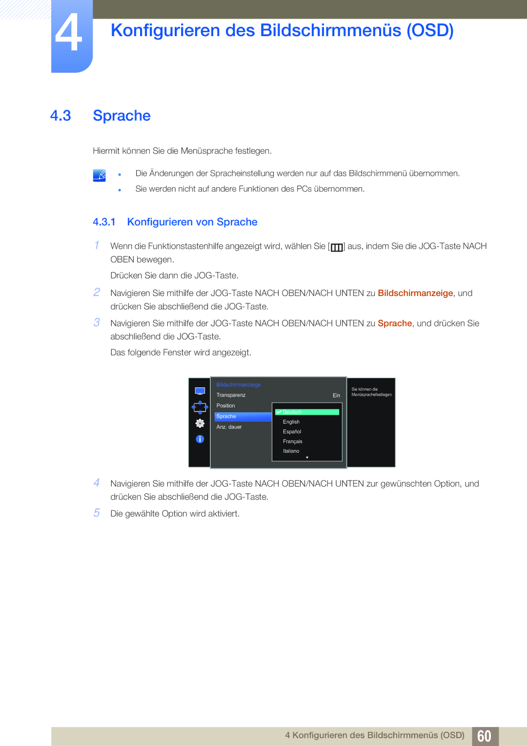 Samsung LS27E591CS/EN manual Konfigurieren von Sprache 