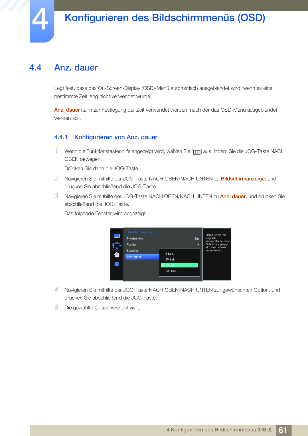 Samsung LS27E591CS/EN manual Konfigurieren von Anz. dauer 