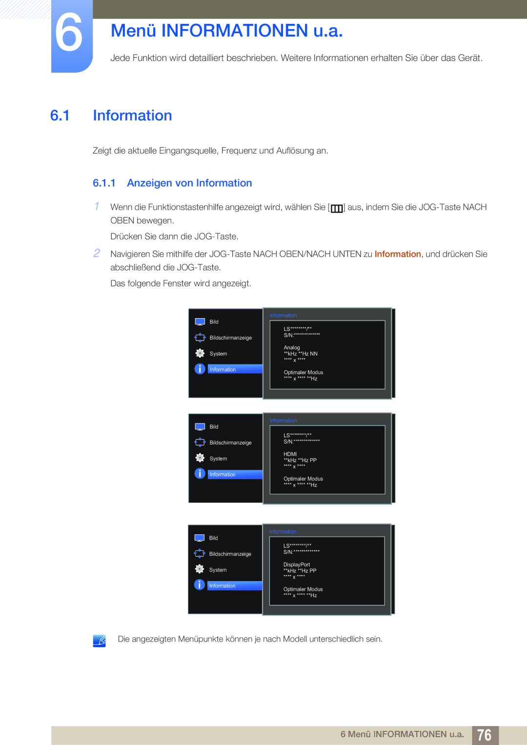 Samsung LS27E591CS/EN manual Menü Informationen u.a, Anzeigen von Information 