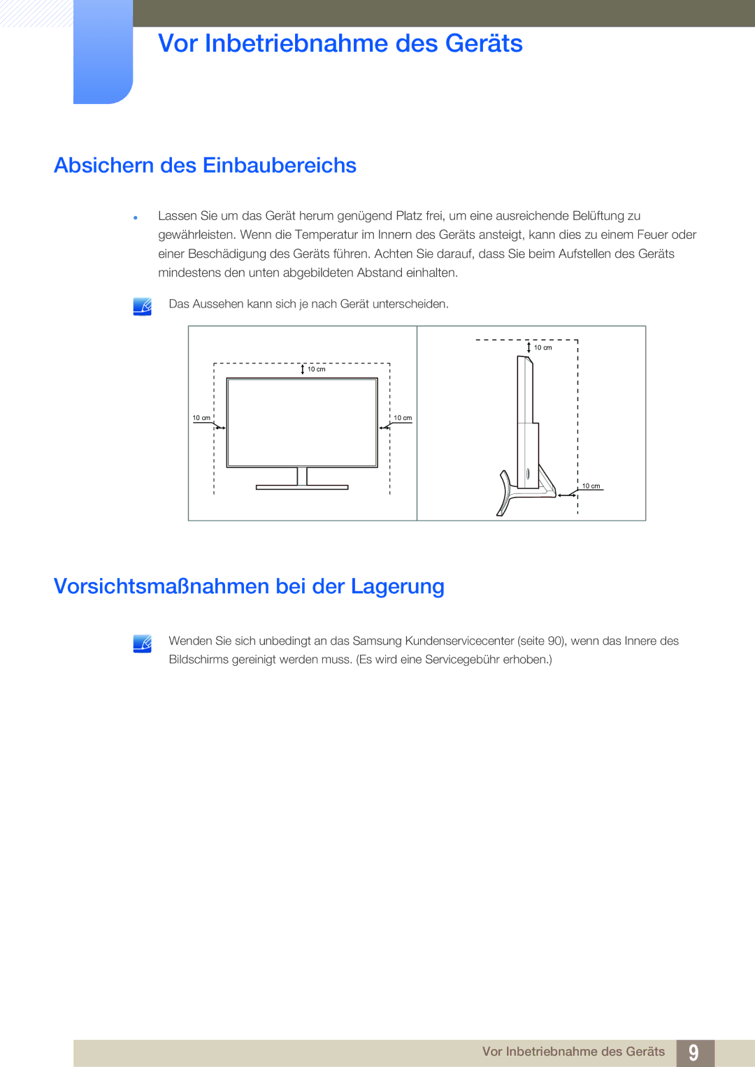 Samsung LS27E591CS/EN manual Absichern des Einbaubereichs, Vorsichtsmaßnahmen bei der Lagerung 