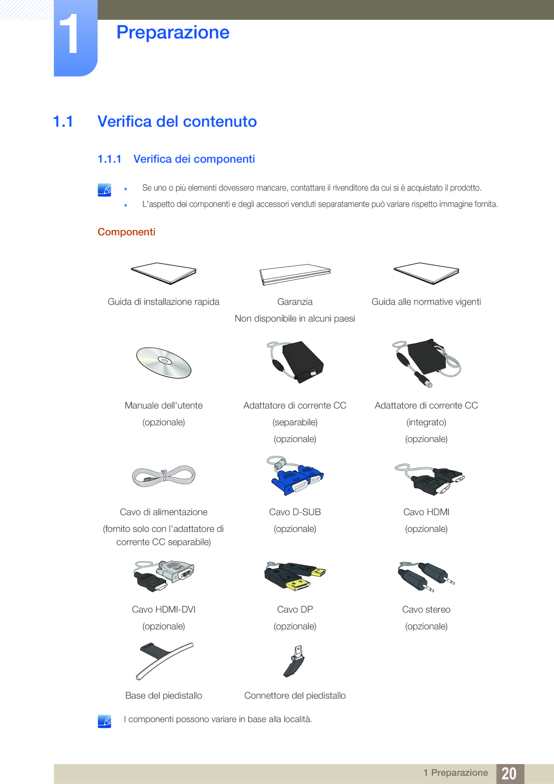 Samsung LS27E591CS/EN manual Preparazione, Verifica del contenuto, Verifica dei componenti, Componenti 