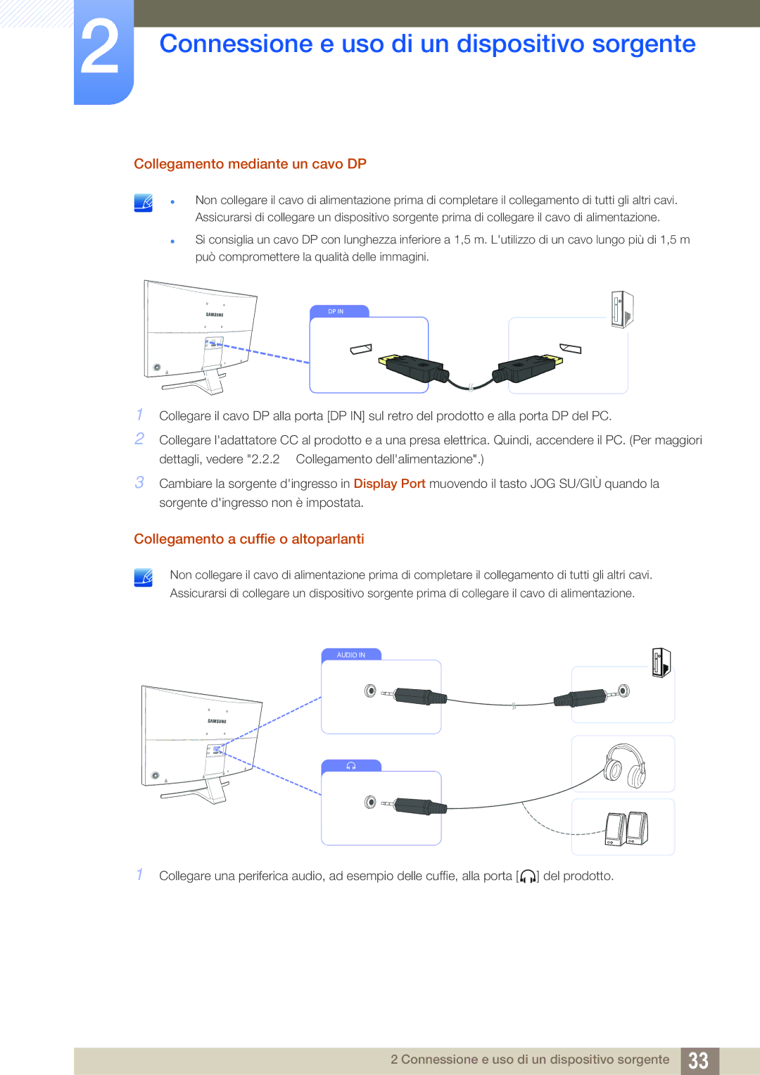 Samsung LS27E591CS/EN manual Collegamento mediante un cavo DP, Collegamento a cuffie o altoparlanti 