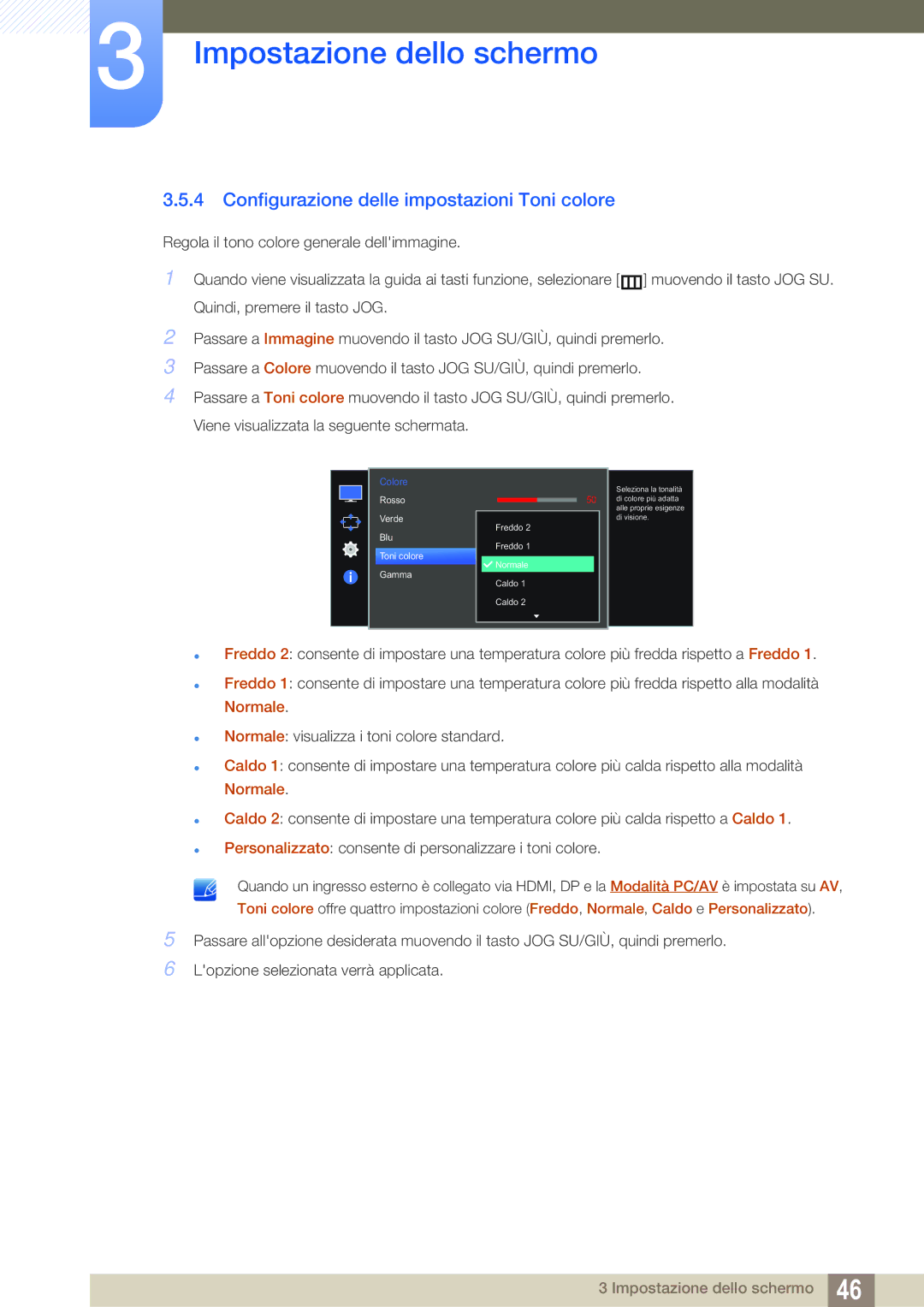 Samsung LS27E591CS/EN manual Configurazione delle impostazioni Toni colore 