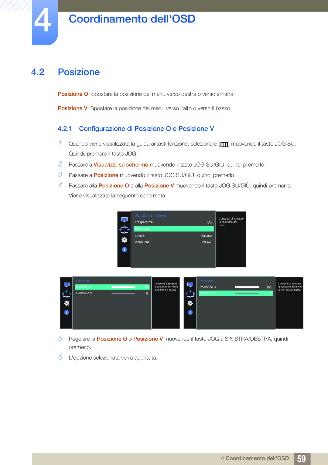 Samsung LS27E591CS/EN manual Trasparenza Posizione Lingua Italiano Visual ora 20 sec 