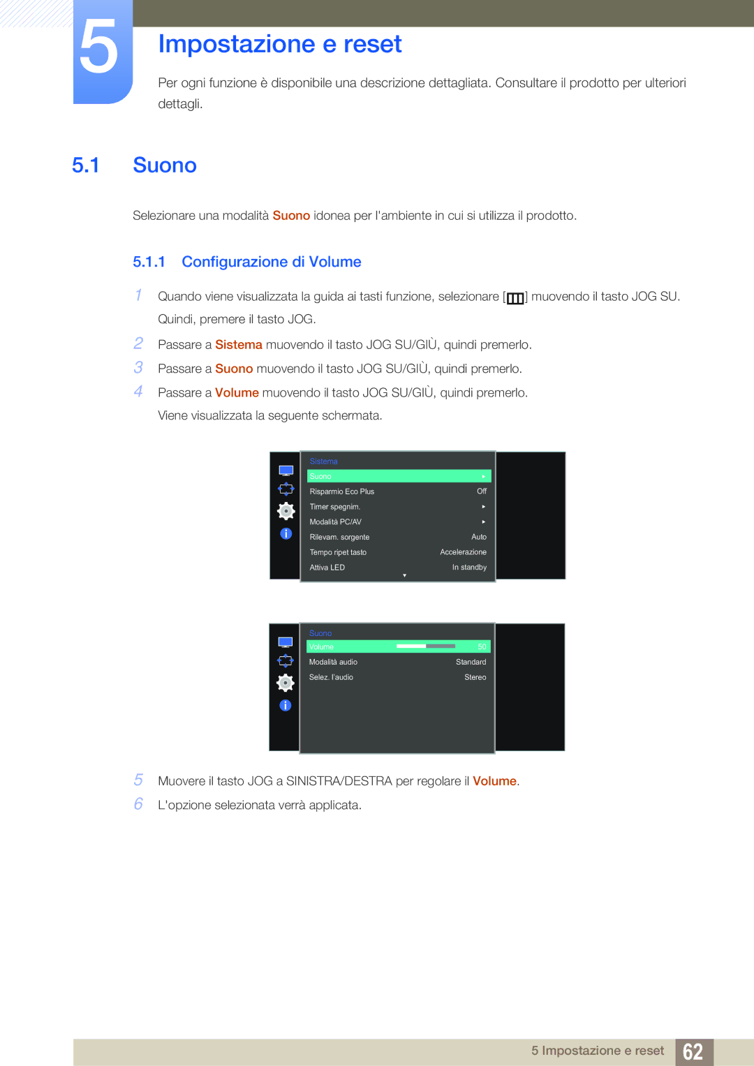 Samsung LS27E591CS/EN manual Impostazione e reset, Suono, Configurazione di Volume 