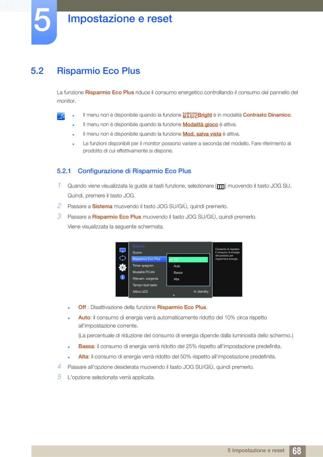 Samsung LS27E591CS/EN manual Configurazione di Risparmio Eco Plus 