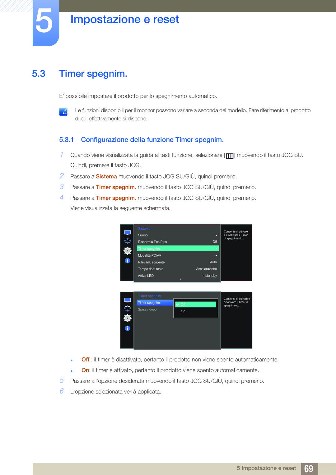 Samsung LS27E591CS/EN manual Configurazione della funzione Timer spegnim 