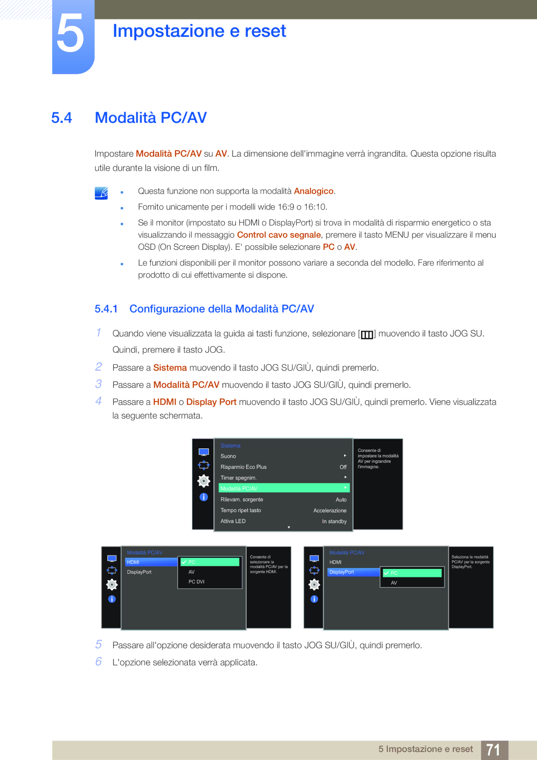 Samsung LS27E591CS/EN manual Configurazione della Modalità PC/AV 