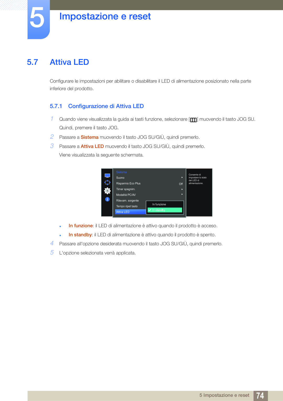 Samsung LS27E591CS/EN manual Configurazione di Attiva LED 