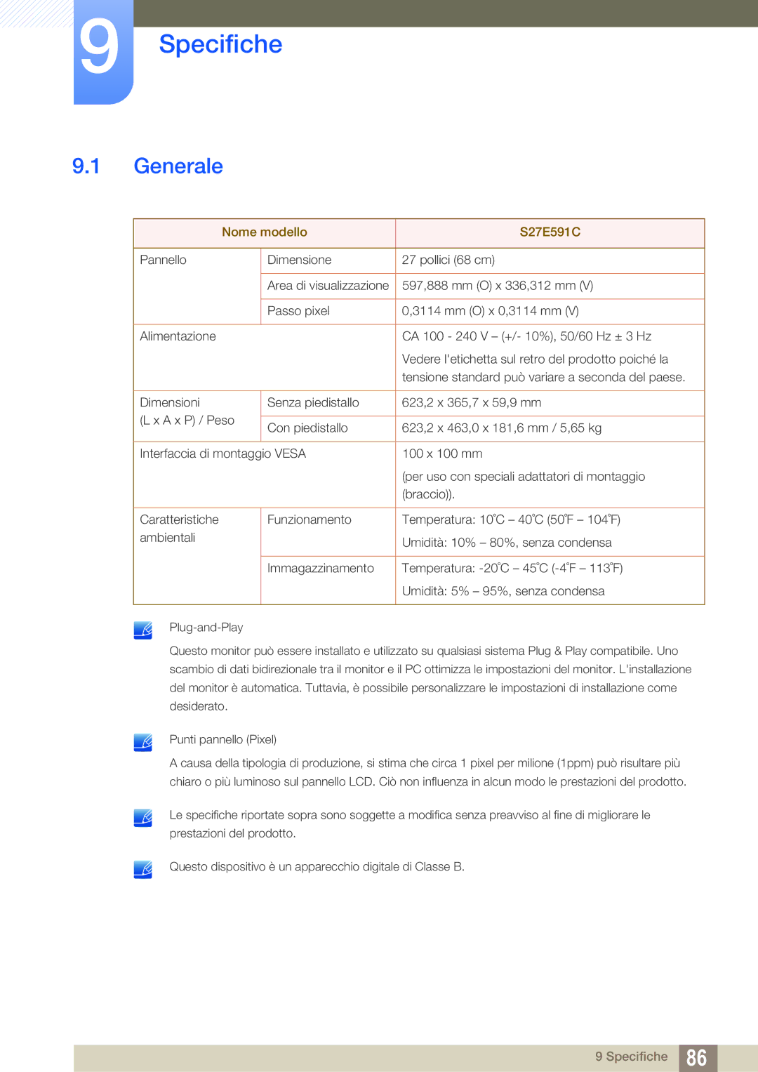 Samsung LS27E591CS/EN manual Specifiche, Generale 