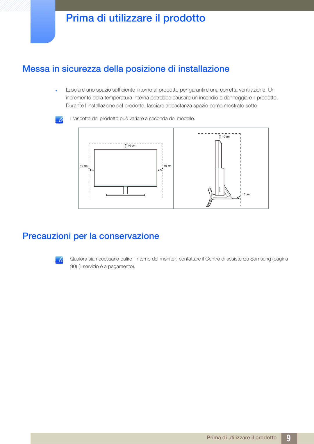 Samsung LS27E591CS/EN manual Messa in sicurezza della posizione di installazione, Precauzioni per la conservazione 