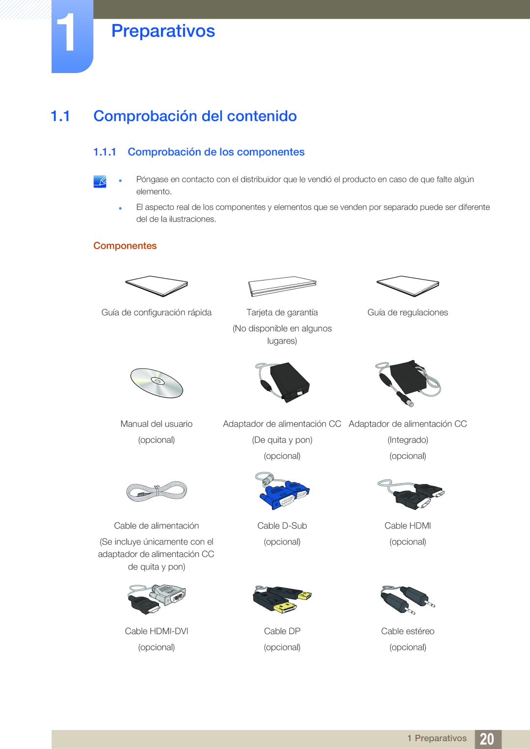 Samsung LS27E591CS/EN manual Preparativos, Comprobación del contenido, Comprobación de los componentes, Componentes 