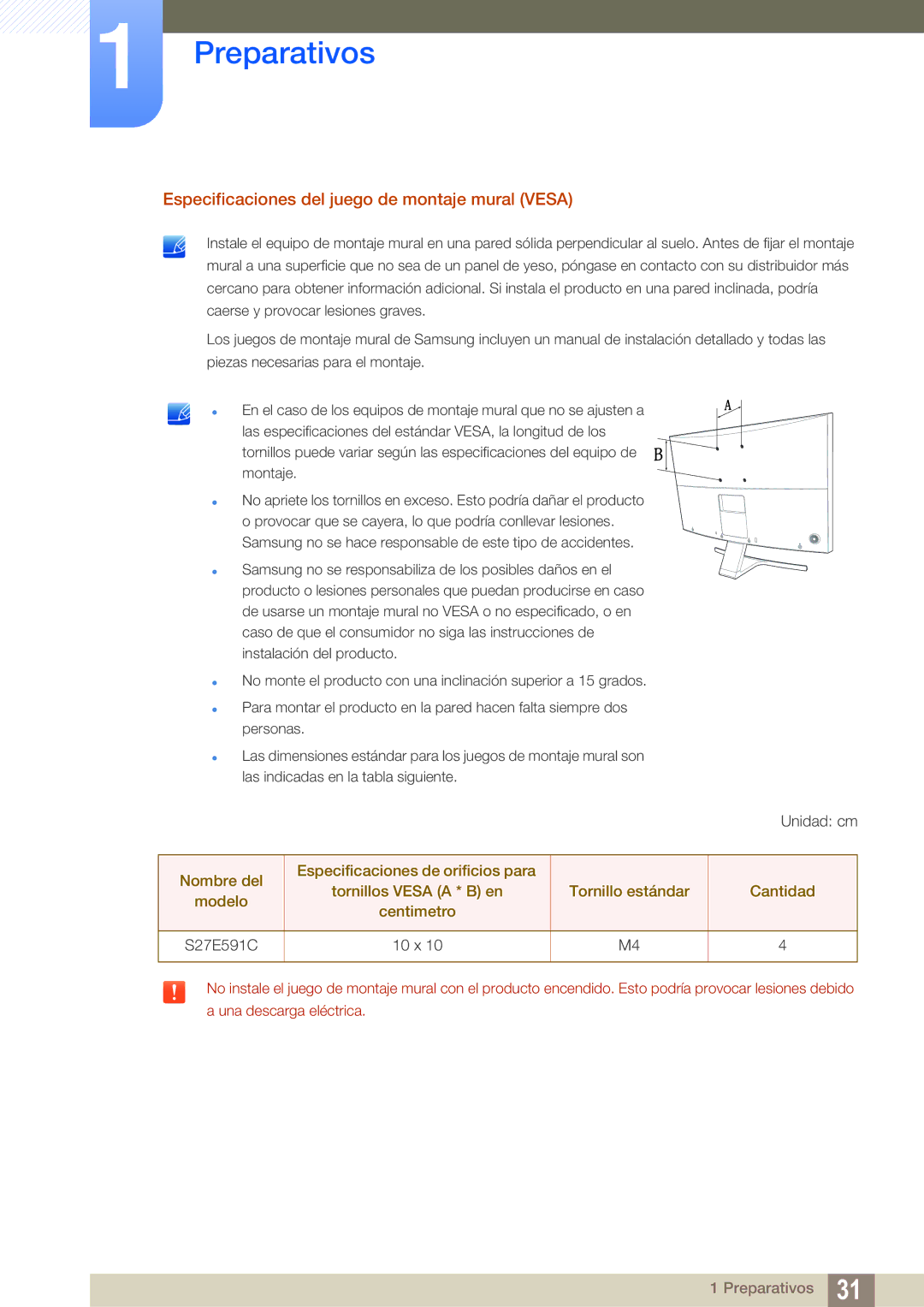 Samsung LS27E591CS/EN manual Especificaciones del juego de montaje mural Vesa 