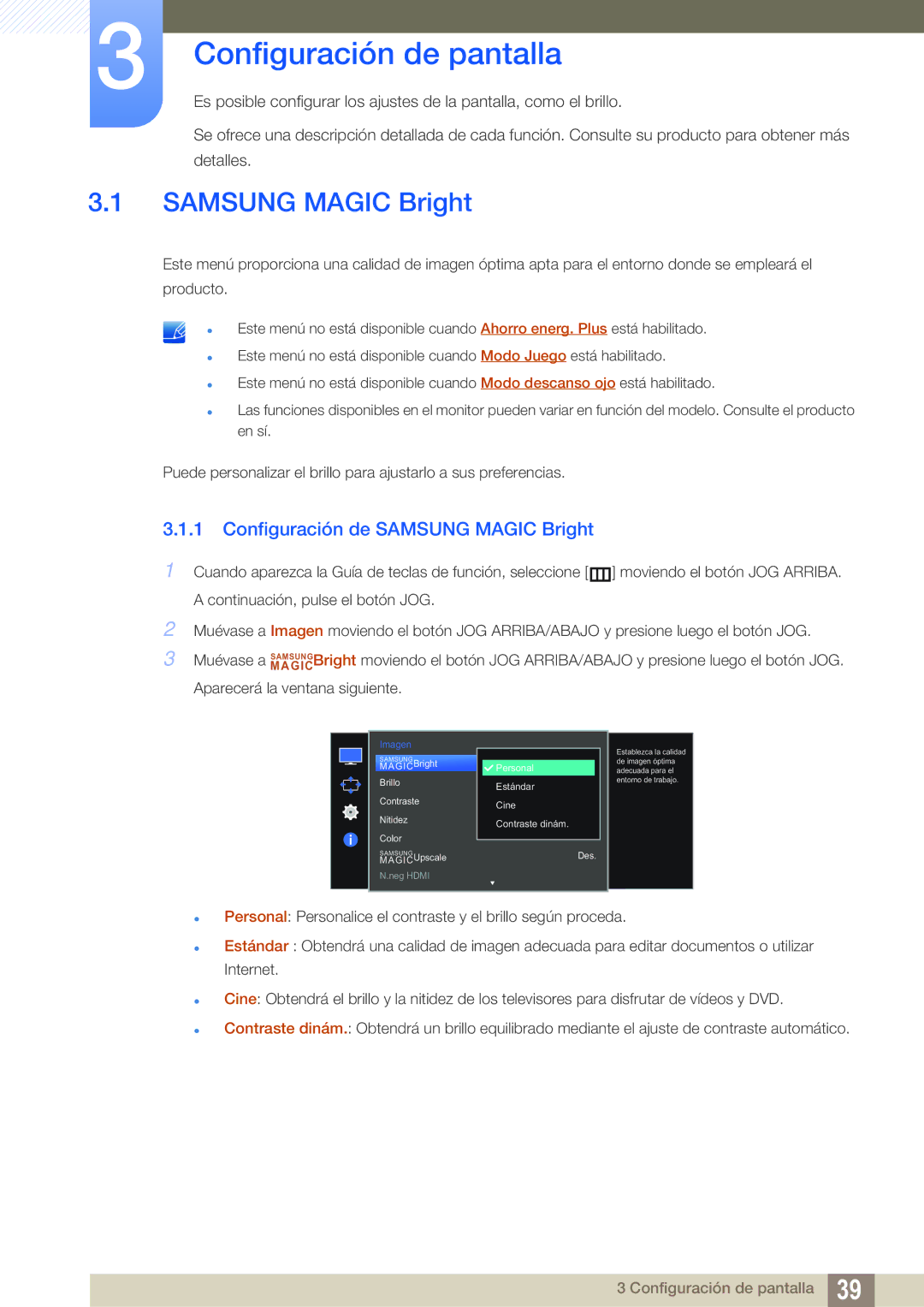 Samsung LS27E591CS/EN manual Configuración de pantalla, Configuración de Samsung Magic Bright 