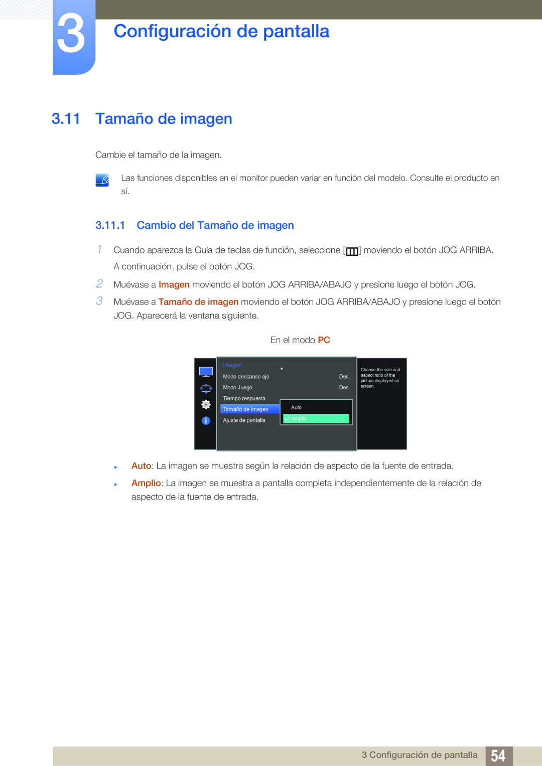 Samsung LS27E591CS/EN manual Cambio del Tamaño de imagen 