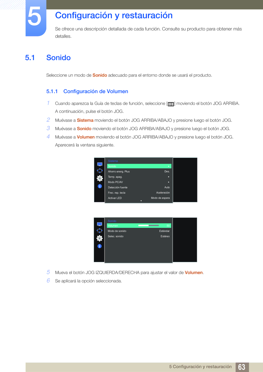 Samsung LS27E591CS/EN manual Configuración y restauración, Sonido, Configuración de Volumen 