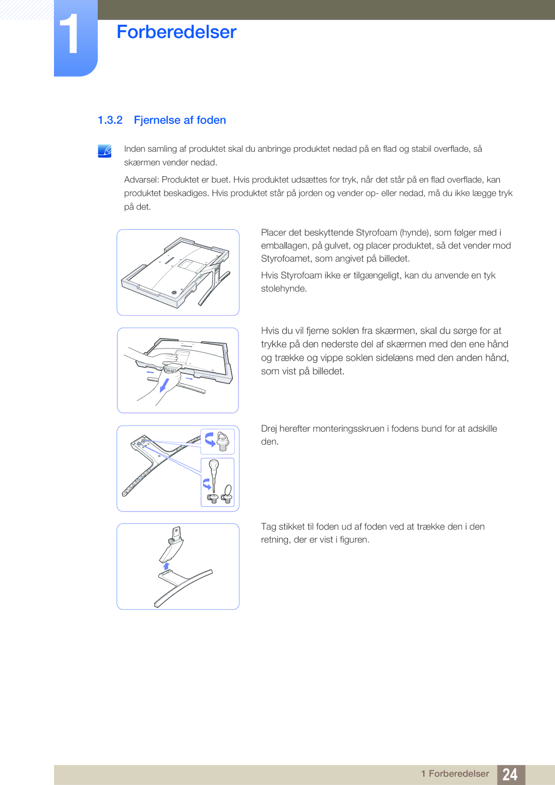 Samsung LS27E591CS/EN manual Fjernelse af foden 