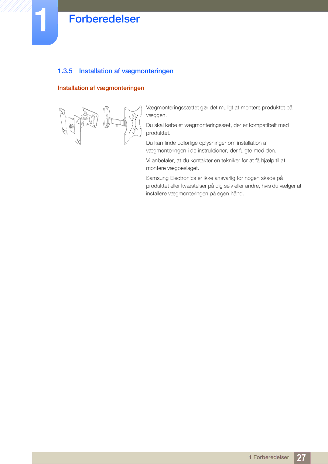 Samsung LS27E591CS/EN manual Installation af vægmonteringen 