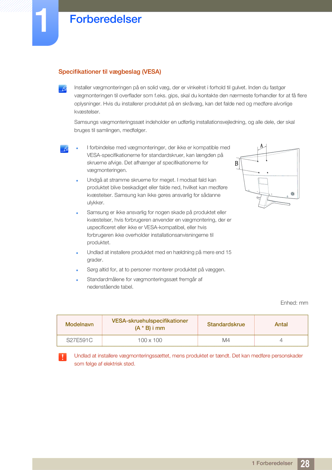 Samsung LS27E591CS/EN manual Specifikationer til vægbeslag Vesa 