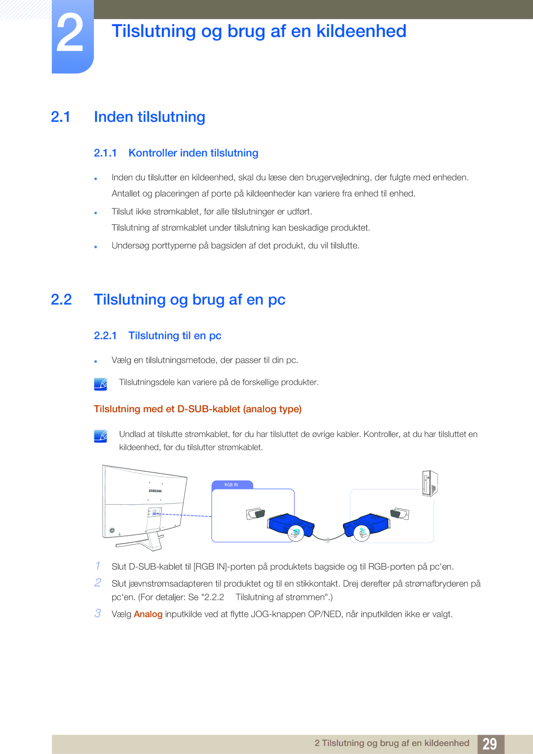 Samsung LS27E591CS/EN manual Tilslutning og brug af en kildeenhed, Inden tilslutning, Tilslutning og brug af en pc 