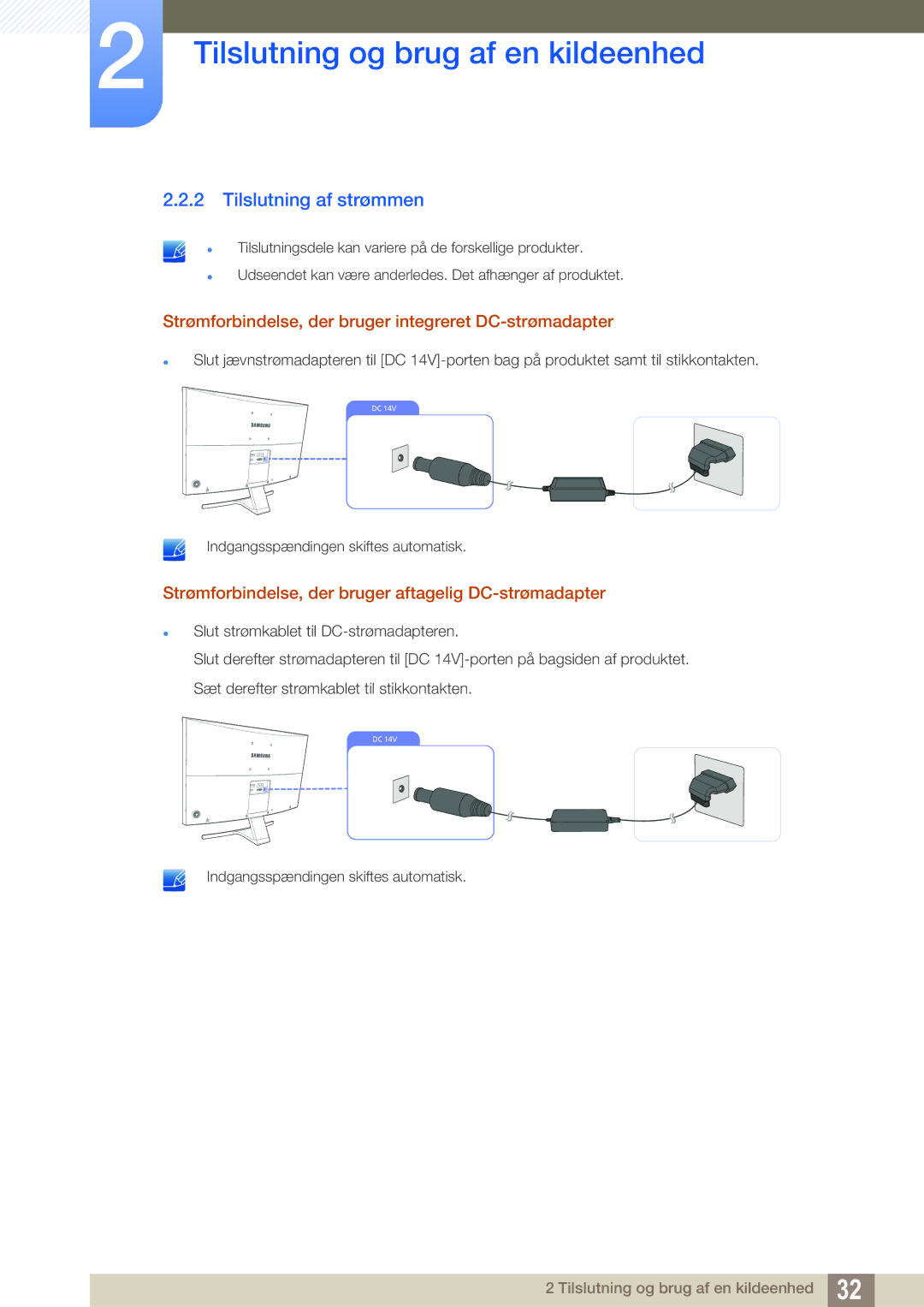 Samsung LS27E591CS/EN manual Tilslutning af strømmen, Strømforbindelse, der bruger integreret DC-strømadapter 