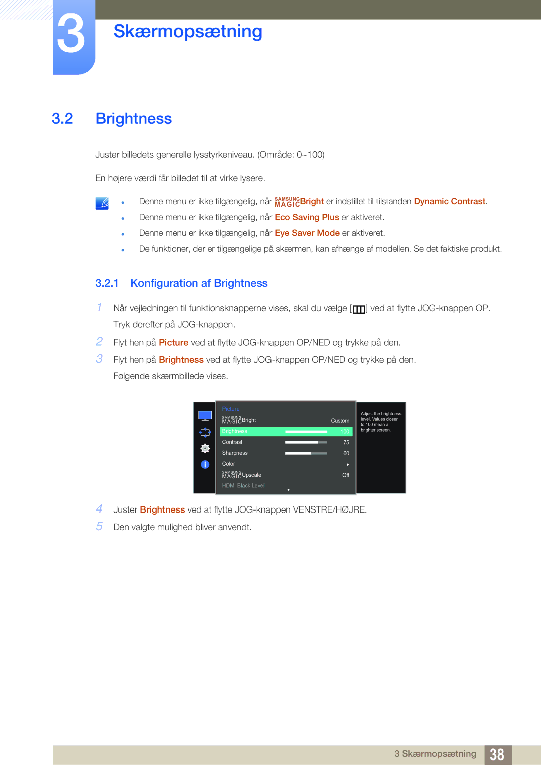 Samsung LS27E591CS/EN manual Konfiguration af Brightness 