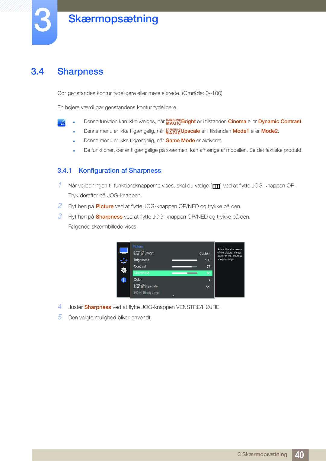 Samsung LS27E591CS/EN manual Konfiguration af Sharpness 